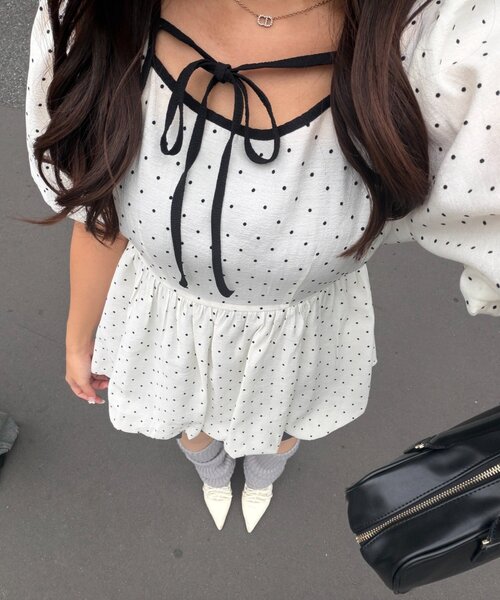 continuer de NICE CLAUP（コンティニューデナイスクラップ）の「【yuzu企画】推し活にも♡バルーンチュニック（シャツ/ブラウス・レディース・オフホワイト/チェック/ドット/ピンク・FREE）」の12枚目の写真