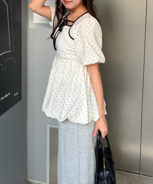 continuer de NICE CLAUP（コンティニューデナイスクラップ）の「【yuzu企画】推し活にも♡バルーンチュニック（シャツ/ブラウス・レディース・オフホワイト/チェック/ドット/ピンク・FREE）」の14枚目の写真