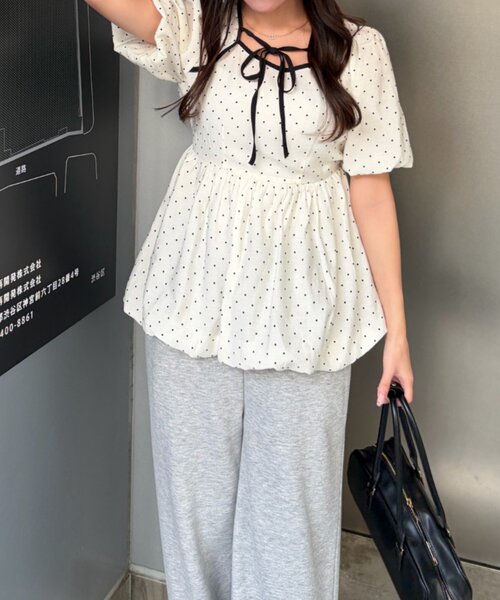 continuer de NICE CLAUP（コンティニューデナイスクラップ）の「【yuzu企画】推し活にも♡バルーンチュニック（シャツ/ブラウス・レディース・オフホワイト/チェック/ドット/ピンク・FREE）」の17枚目の写真