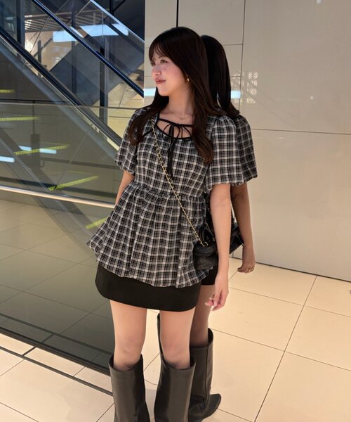 continuer de NICE CLAUP（コンティニューデナイスクラップ）の「【yuzu企画】推し活にも♡バルーンチュニック（シャツ/ブラウス・レディース・オフホワイト/チェック/ドット/ピンク・FREE）」の20枚目の写真