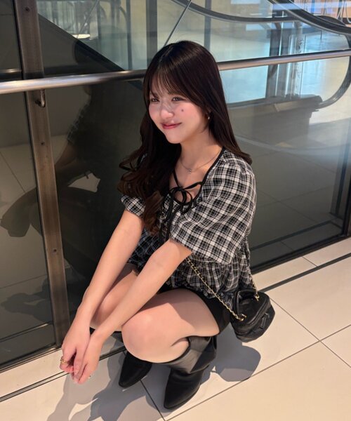 continuer de NICE CLAUP（コンティニューデナイスクラップ）の「【yuzu企画】推し活にも♡バルーンチュニック（シャツ/ブラウス・レディース・オフホワイト/チェック/ドット/ピンク・FREE）」の21枚目の写真