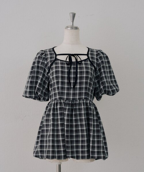 continuer de NICE CLAUP(コンティニューデナイスクラップ)の「【yuzu企画】推し活にも♡バルーンチュニック(シャツ/ブラウス・レディース・オフホワイト/チェック/ドット/ピンク・FREE)」の14枚目の写真