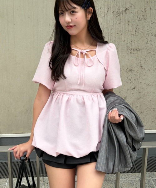 continuer de NICE CLAUP(コンティニューデナイスクラップ)の「【yuzu企画】推し活にも♡バルーンチュニック(シャツ/ブラウス・レディース・オフホワイト/チェック/ドット/ピンク・FREE)」の1枚目の写真