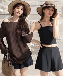 TeddyShop | 【2WAYベアトップ】長袖透かし編みメロウチュニックトップス+クロップド丈インパン付きキャミキニ 3点セット レディース水着(水着)