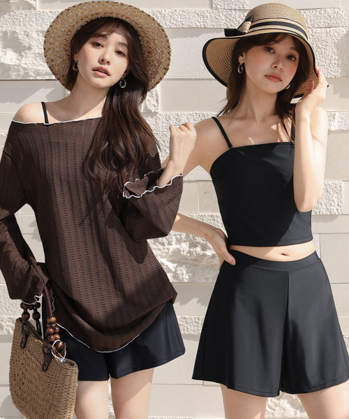 TeddyShop（テディショップ）の「【2WAYベアトップ】長袖透かし編みメロウチュニックトップス+クロップド丈インパン付きキャミキニ 3点セット レディース水着（水着・レディース・ホワイト/ブラウン/ブラック・M/S/LL/L）」の3枚目の写真