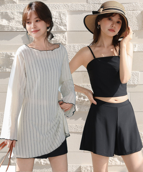 TeddyShop（テディショップ）の「【2WAYベアトップ】長袖透かし編みメロウチュニックトップス+クロップド丈インパン付きキャミキニ 3点セット レディース水着（水着・レディース・ホワイト/ブラウン/ブラック・M/S/LL/L）」の2枚目の写真