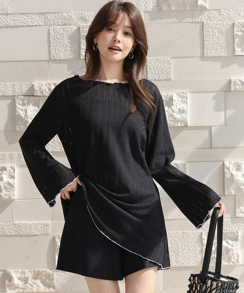 TeddyShop（テディショップ）の「【2WAYベアトップ】長袖透かし編みメロウチュニックトップス+クロップド丈インパン付きキャミキニ 3点セット レディース水着（水着・レディース・ホワイト/ブラウン/ブラック・M/S/LL/L）」の15枚目の写真