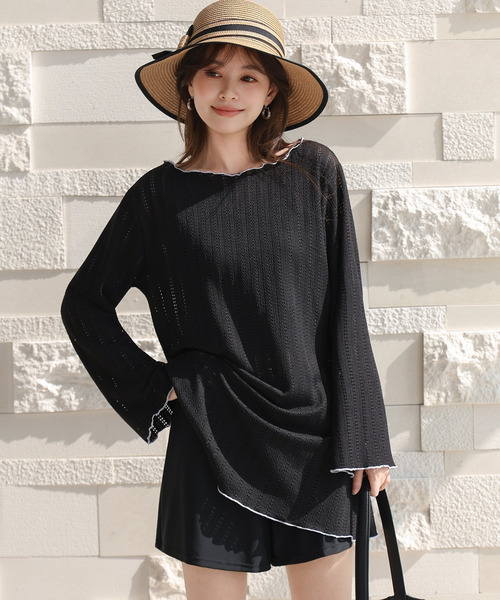 TeddyShop（テディショップ）の「【2WAYベアトップ】長袖透かし編みメロウチュニックトップス+クロップド丈インパン付きキャミキニ 3点セット レディース水着（水着・レディース・ホワイト/ブラウン/ブラック・M/S/LL/L）」の16枚目の写真