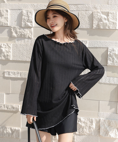 TeddyShop（テディショップ）の「【2WAYベアトップ】長袖透かし編みメロウチュニックトップス+クロップド丈インパン付きキャミキニ 3点セット レディース水着（水着・レディース・ホワイト/ブラウン/ブラック・M/S/LL/L）」の17枚目の写真