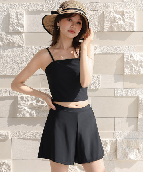 TeddyShop（テディショップ）の「【2WAYベアトップ】長袖透かし編みメロウチュニックトップス+クロップド丈インパン付きキャミキニ 3点セット レディース水着（水着・レディース・ホワイト/ブラウン/ブラック・M/S/LL/L）」の19枚目の写真