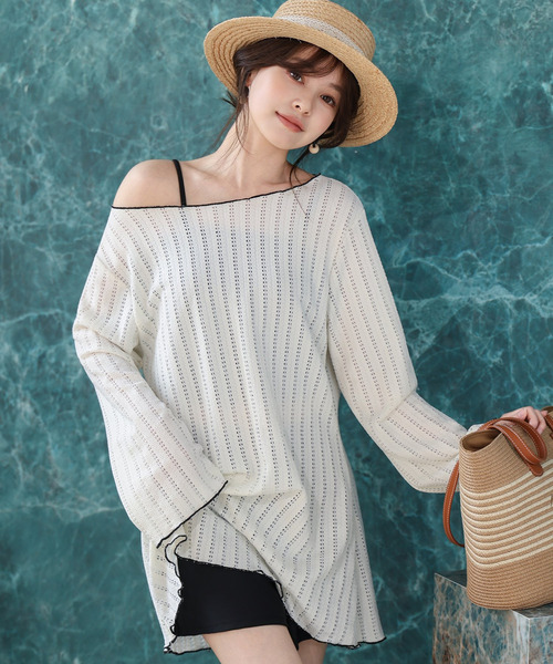 TeddyShop（テディショップ）の「【2WAYベアトップ】長袖透かし編みメロウチュニックトップス+クロップド丈インパン付きキャミキニ 3点セット レディース水着（水着・レディース・ホワイト/ブラウン/ブラック・M/S/LL/L）」の5枚目の写真