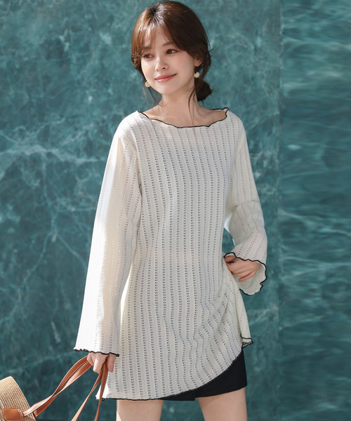 TeddyShop（テディショップ）の「【2WAYベアトップ】長袖透かし編みメロウチュニックトップス+クロップド丈インパン付きキャミキニ 3点セット レディース水着（水着・レディース・ホワイト/ブラウン/ブラック・M/S/LL/L）」の6枚目の写真