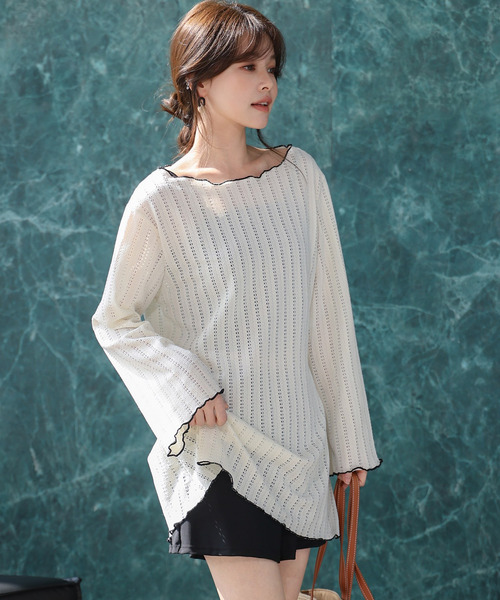 TeddyShop（テディショップ）の「【2WAYベアトップ】長袖透かし編みメロウチュニックトップス+クロップド丈インパン付きキャミキニ 3点セット レディース水着（水着・レディース・ホワイト/ブラウン/ブラック・M/S/LL/L）」の7枚目の写真