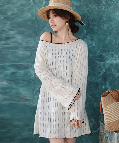 TeddyShop（テディショップ）の「【2WAYベアトップ】長袖透かし編みメロウチュニックトップス+クロップド丈インパン付きキャミキニ 3点セット レディース水着（水着・レディース・ホワイト/ブラウン/ブラック・M/S/LL/L）」の8枚目の写真