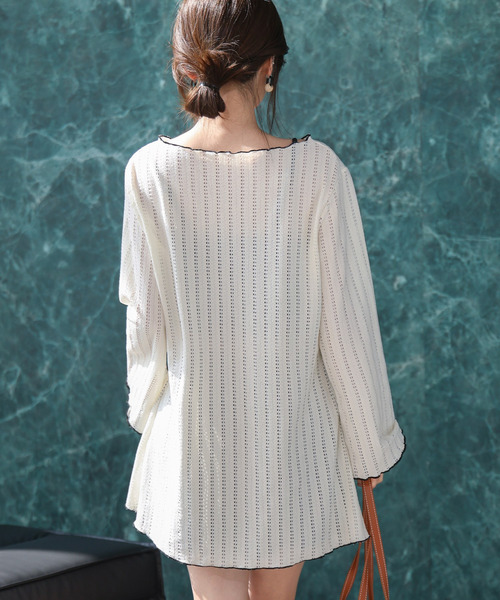 TeddyShop（テディショップ）の「【2WAYベアトップ】長袖透かし編みメロウチュニックトップス+クロップド丈インパン付きキャミキニ 3点セット レディース水着（水着・レディース・ホワイト/ブラウン/ブラック・M/S/LL/L）」の9枚目の写真