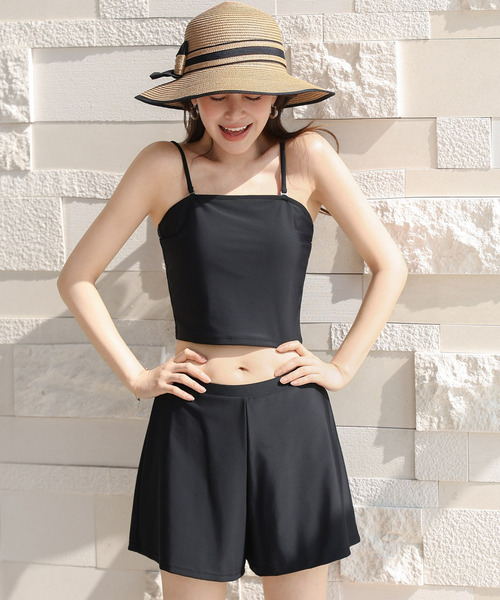 TeddyShop（テディショップ）の「【2WAYベアトップ】長袖透かし編みメロウチュニックトップス+クロップド丈インパン付きキャミキニ 3点セット レディース水着（水着・レディース・ホワイト/ブラウン/ブラック・M/S/LL/L）」の10枚目の写真