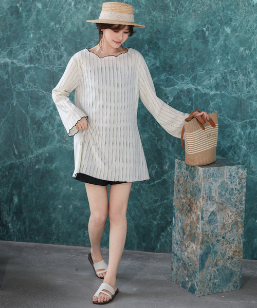 TeddyShop（テディショップ）の「【2WAYベアトップ】長袖透かし編みメロウチュニックトップス+クロップド丈インパン付きキャミキニ 3点セット レディース水着（水着・レディース・ホワイト/ブラウン/ブラック・M/S/LL/L）」の12枚目の写真