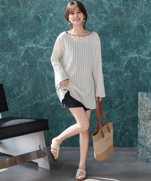 TeddyShop（テディショップ）の「【2WAYベアトップ】長袖透かし編みメロウチュニックトップス+クロップド丈インパン付きキャミキニ 3点セット レディース水着（水着・レディース・ホワイト/ブラウン/ブラック・M/S/LL/L）」の13枚目の写真