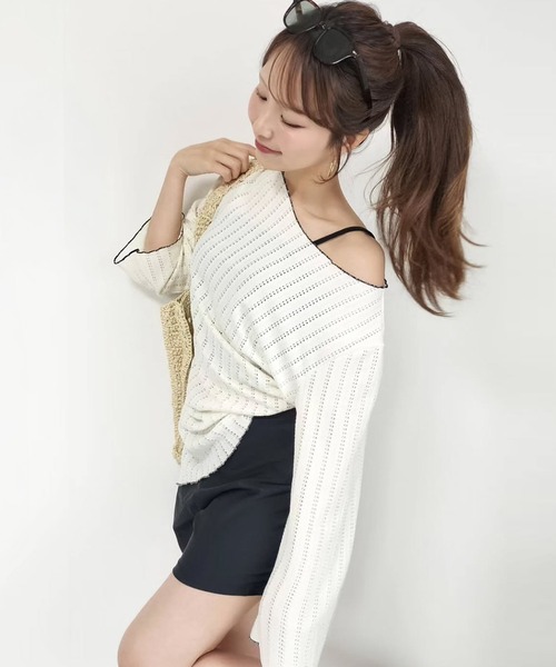 TeddyShop（テディショップ）の「【2WAYベアトップ】長袖透かし編みメロウチュニックトップス+クロップド丈インパン付きキャミキニ 3点セット レディース水着（水着・レディース・ホワイト/ブラウン/ブラック・M/S/LL/L）」の4枚目の写真