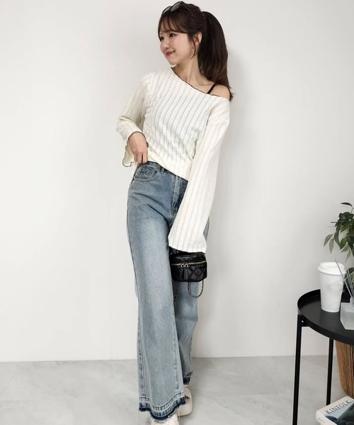 TeddyShop（テディショップ）の「【2WAYベアトップ】長袖透かし編みメロウチュニックトップス+クロップド丈インパン付きキャミキニ 3点セット レディース水着（水着・レディース・ホワイト/ブラウン/ブラック・M/S/LL/L）」の5枚目の写真