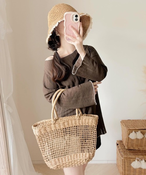 TeddyShop（テディショップ）の「【2WAYベアトップ】長袖透かし編みメロウチュニックトップス+クロップド丈インパン付きキャミキニ 3点セット レディース水着（水着・レディース・ホワイト/ブラウン/ブラック・M/S/LL/L）」の6枚目の写真