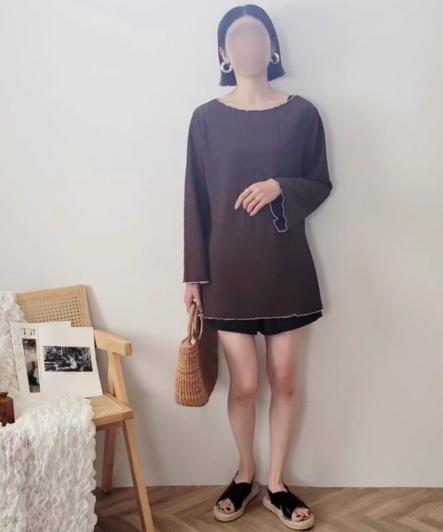 TeddyShop（テディショップ）の「【2WAYベアトップ】長袖透かし編みメロウチュニックトップス+クロップド丈インパン付きキャミキニ 3点セット レディース水着（水着・レディース・ホワイト/ブラウン/ブラック・M/S/LL/L）」の8枚目の写真