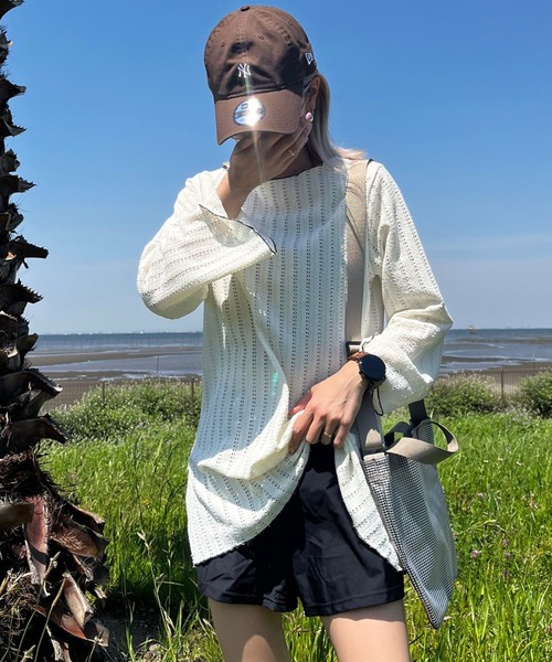 TeddyShop（テディショップ）の「【2WAYベアトップ】長袖透かし編みメロウチュニックトップス+クロップド丈インパン付きキャミキニ 3点セット レディース水着（水着・レディース・ホワイト/ブラウン/ブラック・M/S/LL/L）」の9枚目の写真