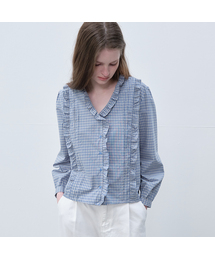Check pintuck ruffle blouse [FRSP06BL09]_Sky blue