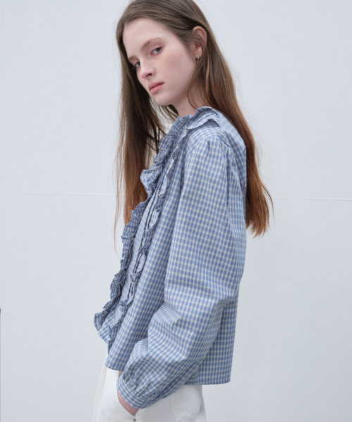 FRIVER07（フリバー07）の「Check pintuck ruffle blouse [FRSP06BL09]_Sky blue（シャツ/ブラウス・レディース・スカイブルー・FREE）」の2枚目の写真