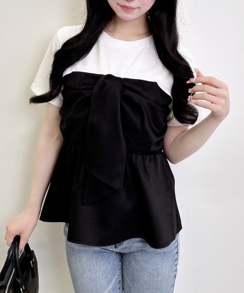 INGNI（イング）の「リボンドッキングトップス（Tシャツ/カットソー・レディース・ホワイト×ブラック/ホワイト系/ホワイト×グレー/ホワイト×カーキブラウン・M）」の2枚目の写真
