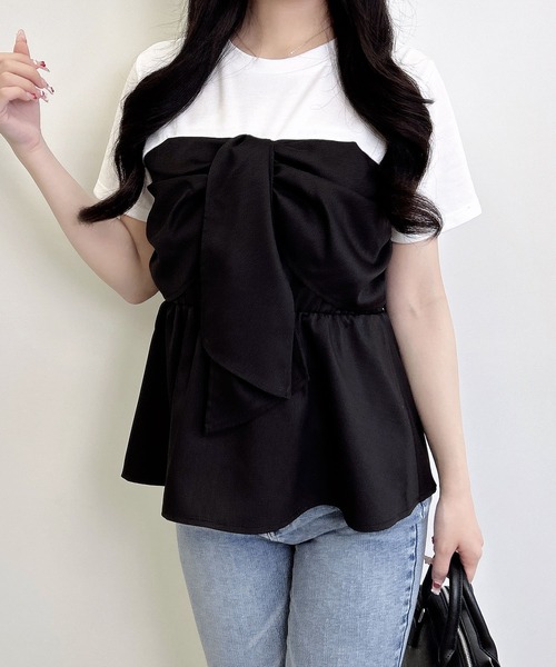 INGNI（イング）の「リボンドッキングトップス（Tシャツ/カットソー・レディース・ホワイト×ブラック/ホワイト系/ホワイト×グレー/ホワイト×カーキブラウン・M）」の6枚目の写真