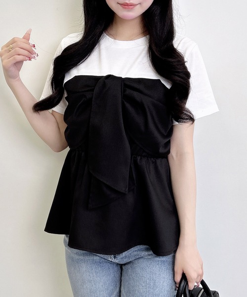 INGNI（イング）の「リボンドッキングトップス（Tシャツ/カットソー・レディース・ホワイト×ブラック/ホワイト系/ホワイト×グレー/ホワイト×カーキブラウン・M）」の7枚目の写真