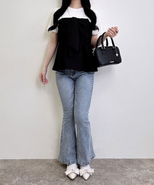 INGNI（イング）の「リボンドッキングトップス（Tシャツ/カットソー・レディース・ホワイト×ブラック/ホワイト系/ホワイト×グレー/ホワイト×カーキブラウン・M）」の11枚目の写真
