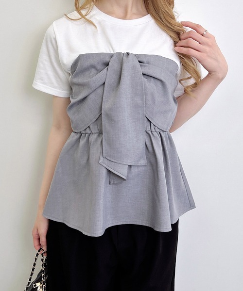 INGNI（イング）の「リボンドッキングトップス（Tシャツ/カットソー・レディース・ホワイト×ブラック/ホワイト系/ホワイト×グレー/ホワイト×カーキブラウン・M）」の12枚目の写真