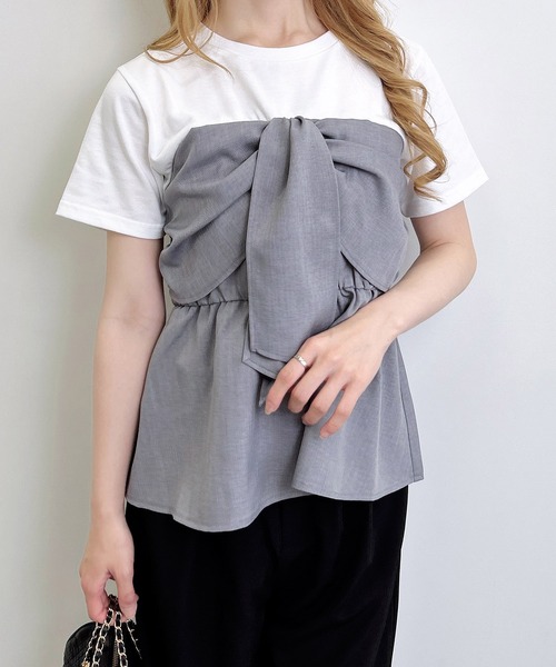 INGNI（イング）の「リボンドッキングトップス（Tシャツ/カットソー・レディース・ホワイト×ブラック/ホワイト系/ホワイト×グレー/ホワイト×カーキブラウン・M）」の13枚目の写真