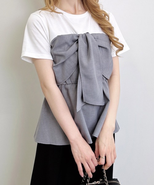 INGNI（イング）の「リボンドッキングトップス（Tシャツ/カットソー・レディース・ホワイト×ブラック/ホワイト系/ホワイト×グレー/ホワイト×カーキブラウン・M）」の14枚目の写真