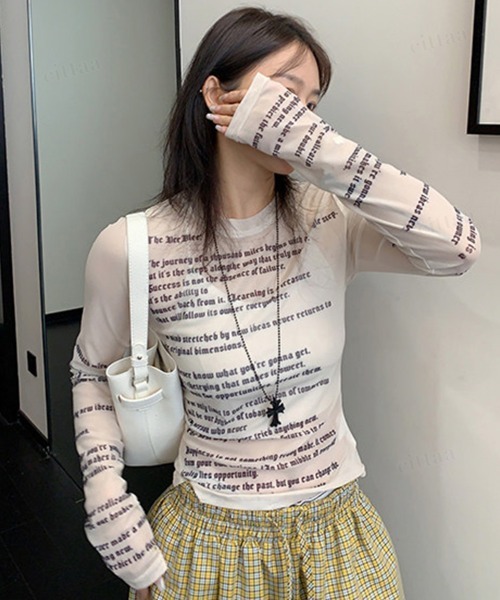 韓国ファッション Y2k英字プリントシアートップス（Tシャツ/カットソー