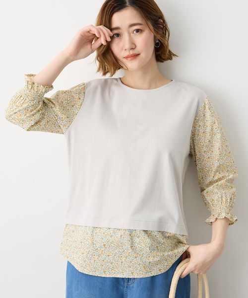 Petit Honfleur(プチオンフルール)の「【Liberty】リバティレイヤード風プルオーバー【オーガニックコットンブレンド・UVカット・接触冷感】(Tシャツ/カットソー・レディース・ネイビー/グレー・M/L)」の2枚目の写真