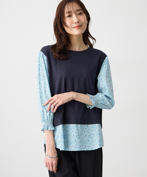 Petit Honfleur(プチオンフルール)の「【Liberty】リバティレイヤード風プルオーバー【オーガニックコットンブレンド・UVカット・接触冷感】(Tシャツ/カットソー・レディース・ネイビー/グレー・M/L)」の3枚目の写真
