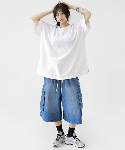 minsobi(ミンソビ)の「トラックラインデニムバミューダパンツ(カーゴパンツ・レディース・ブラック/ブルー・FREE)」の17枚目の写真