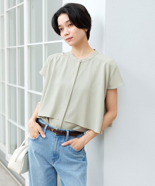 green label relaxing(グリーンレーベルリラクシング)の「ジョーゼット ヨークフレア ショートスリーブ ブラウス マシンウォッシャブル 接触冷感(シャツ/ブラウス・レディース・オリーブ/オフホワイト/ダークグレー・FREE)」の10枚目の写真