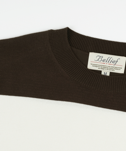BELLIEF(ベリーフ)の「Essential Hard Twist Cotton Short Sleeve Striped Knit (Ivory/Brown)(ニット/セーター・メンズ・その他・MEDIUM/LARGE/X-LARGE)」の3枚目の写真