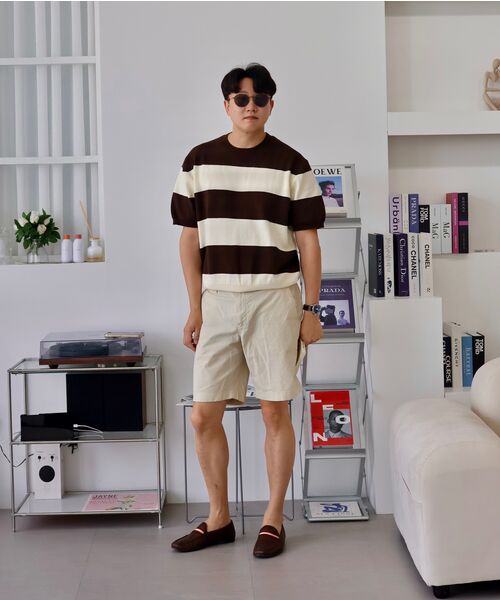 BELLIEF(ベリーフ)の「Essential Hard Twist Cotton Short Sleeve Striped Knit (Ivory/Brown)(ニット/セーター・メンズ・その他・MEDIUM/LARGE/X-LARGE)」の6枚目の写真