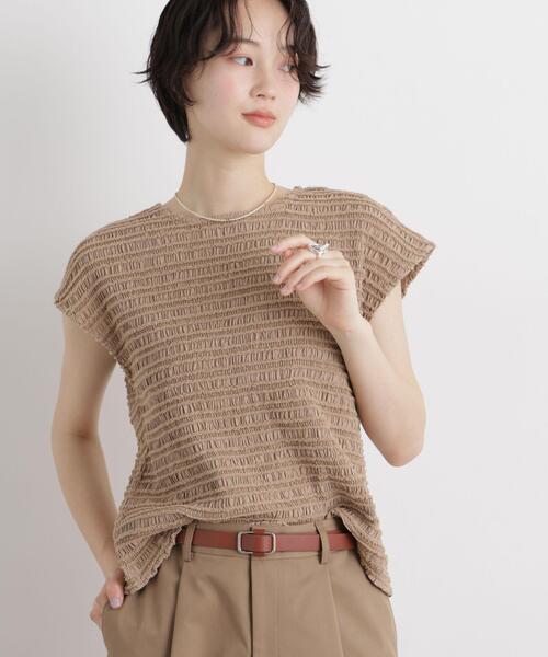 NANO universe（ナノユニバース）の「カットジャガードフレンチスリーブトップス(セットアップ可)（Tシャツ/カットソー・レディース・グリーン/ブラック/ベージュ・FREE）」の3枚目の写真