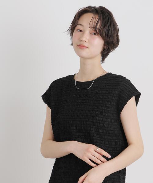 NANO universe（ナノユニバース）の「カットジャガードフレンチスリーブトップス(セットアップ可)（Tシャツ/カットソー・レディース・グリーン/ブラック/ベージュ・FREE）」の2枚目の写真