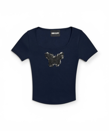 Frayed Butterfly Square Neck T-shirt (Navy)
