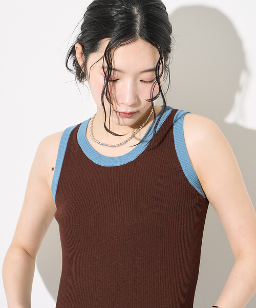 FREAK'S STORE(フリークスストア)の「配色 サマーニット タンクトップ(タンクトップ・レディース・ブラウン/ネイビー/ブラック・フリ-)」の2枚目の写真