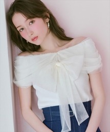 リボンチュールレイヤードリブニット