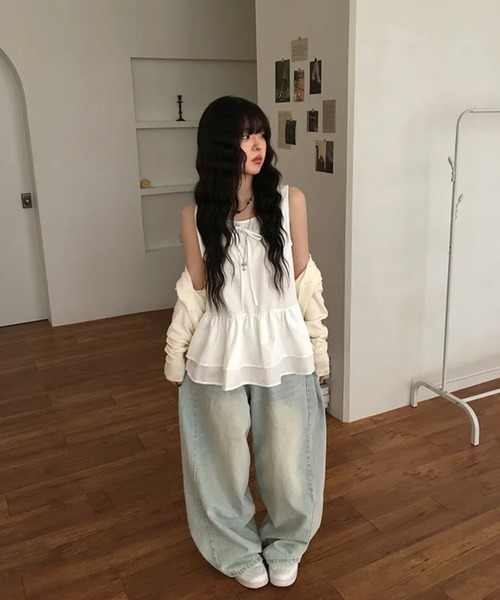 Girly Doll(ガーリードール)の「ノースリーブティアードペプラムブラウス(タンクトップ・レディース・ホワイト/ブラック・FREE)」の9枚目の写真