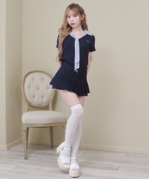 Rmine(アールマイン)の「ギンガムチェック レイヤード リボン プリーツ ミニスカート(スカパン付き)(スカート・レディース・ネイビー/グレー・MEDIUM)」の6枚目の写真